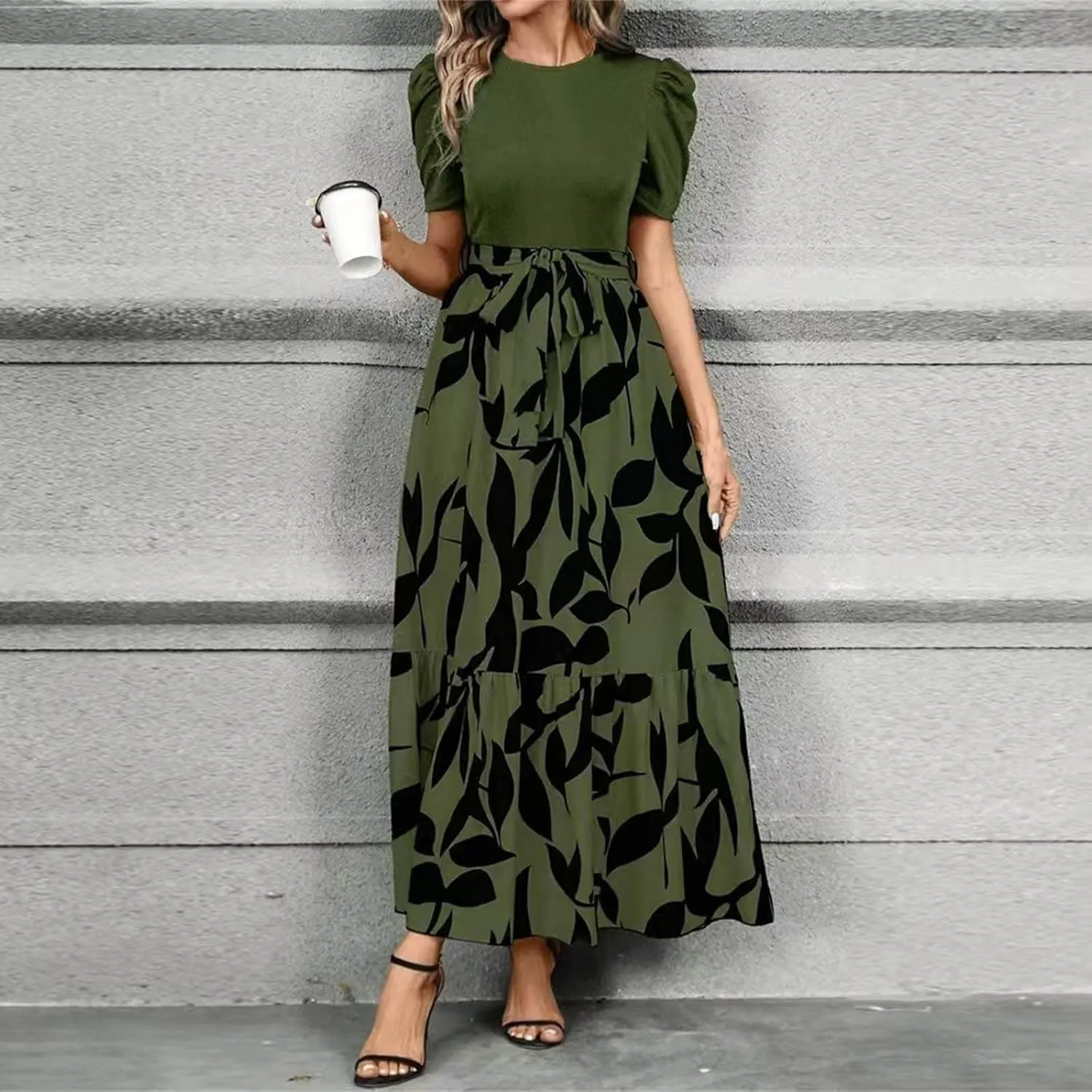 Summer Maxi Dresses for Women 2025 Casual Short Sleeve Floral Dress with Belt Elegant Wedding Guest Long Flowy Sun Dresses
