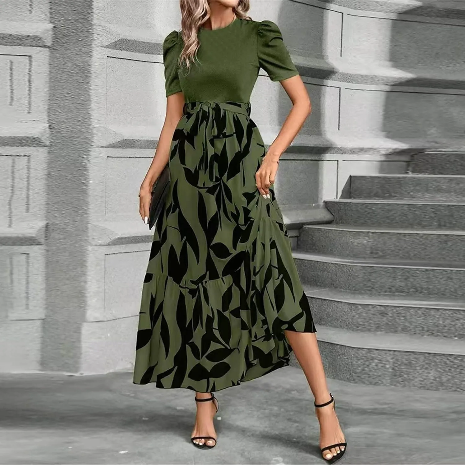 Summer Maxi Dresses for Women 2025 Casual Short Sleeve Floral Dress with Belt Elegant Wedding Guest Long Flowy Sun Dresses