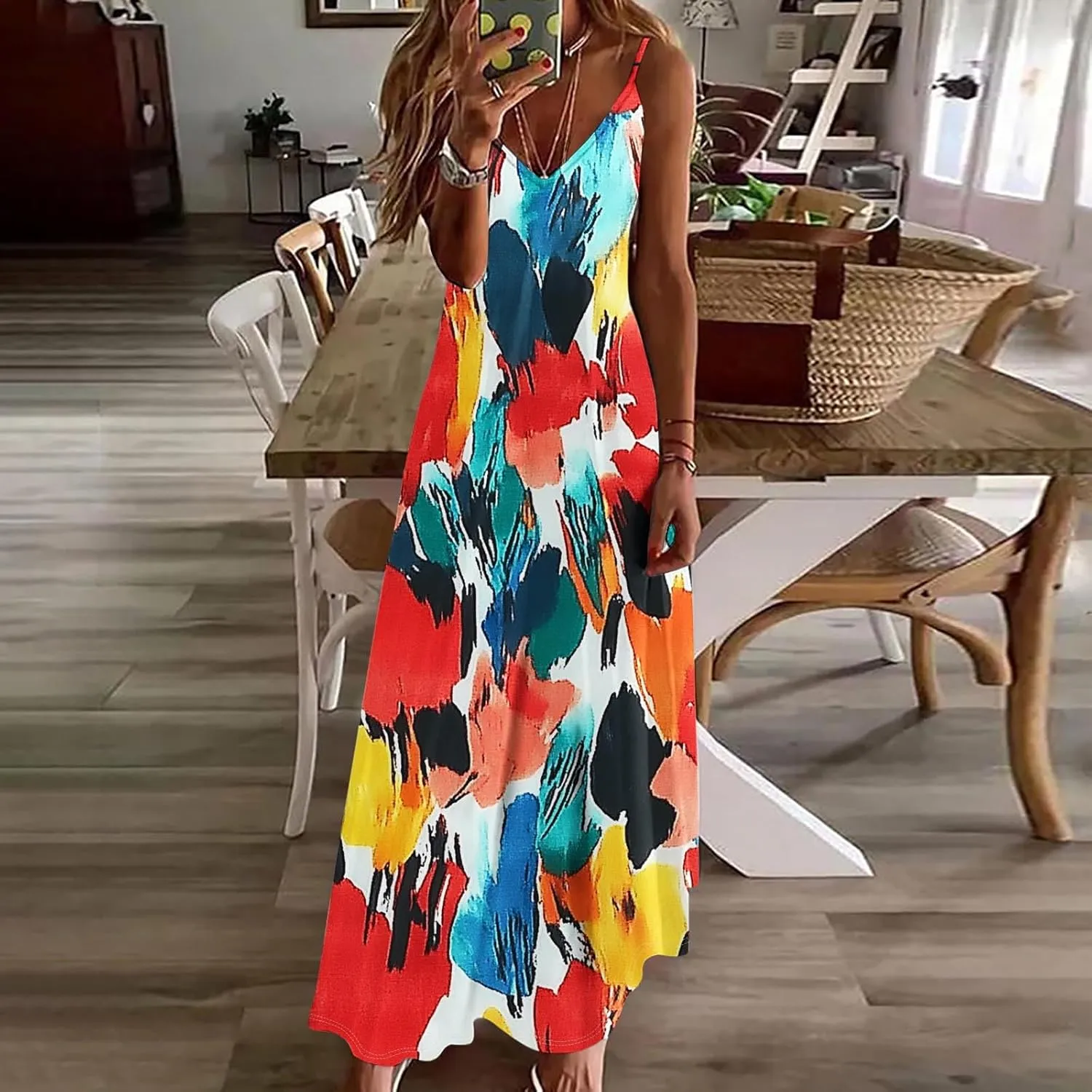 Summer Maxi Dresses for Women 2025 Vacation Floral Spaghetti Strap Smocked Boho Beach Long Dress Casual V Neck Sundress