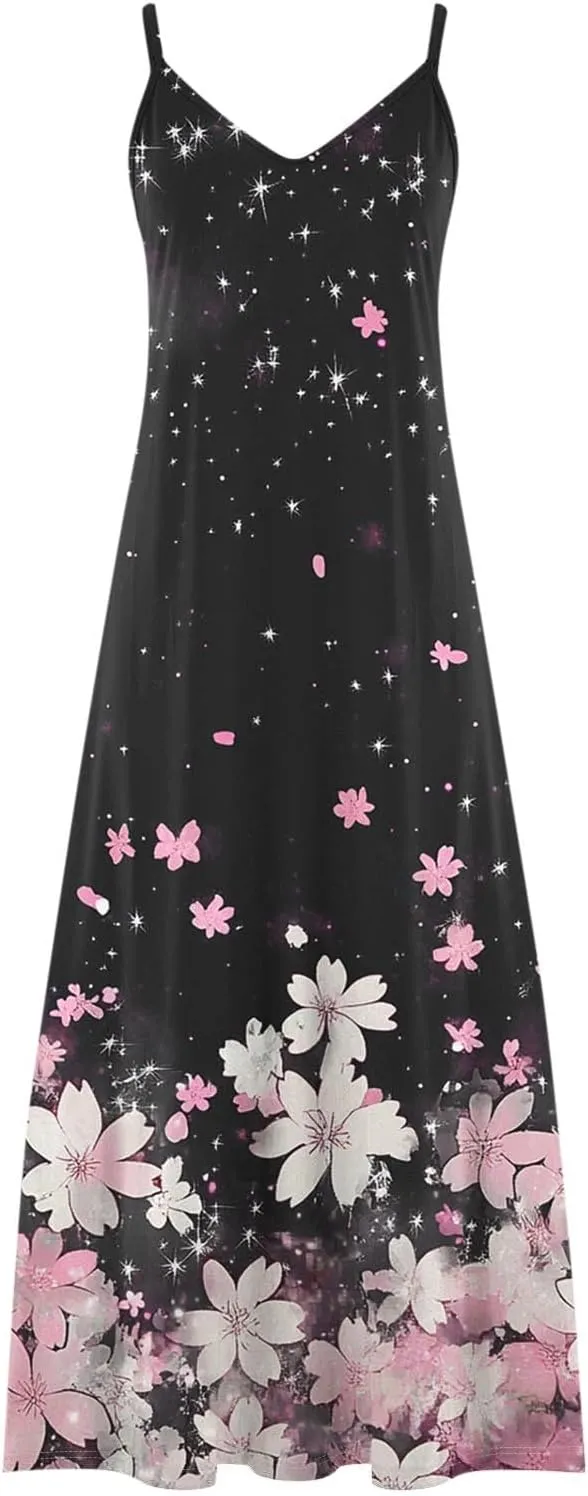 Summer Maxi Dresses for Women 2025 Vacation Floral Spaghetti Strap Smocked Boho Beach Long Dress Casual V Neck Sundress