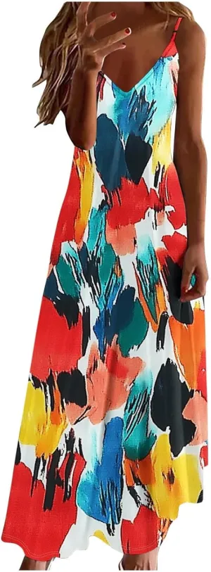 Summer Maxi Dresses for Women 2025 Vacation Floral Spaghetti Strap Smocked Boho Beach Long Dress Casual V Neck Sundress