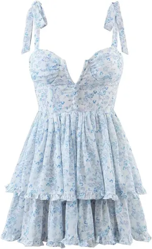 Summer V Neck Floral A Line Sleeveless Dress Tie Shoulder Ruffle Mini Vacation Backless Dresses for Women