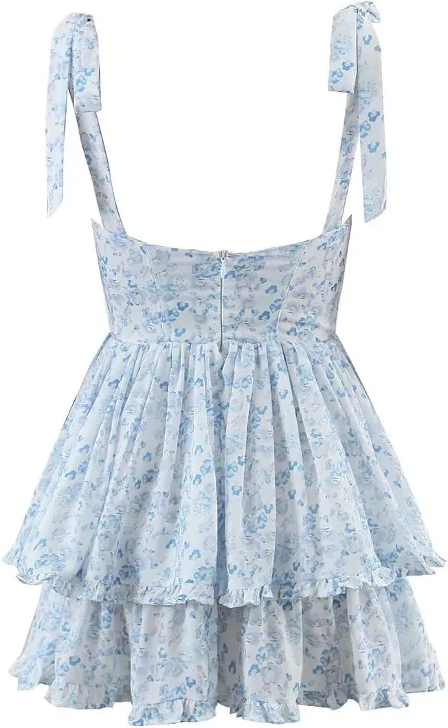 Summer V Neck Floral A Line Sleeveless Dress Tie Shoulder Ruffle Mini Vacation Backless Dresses for Women
