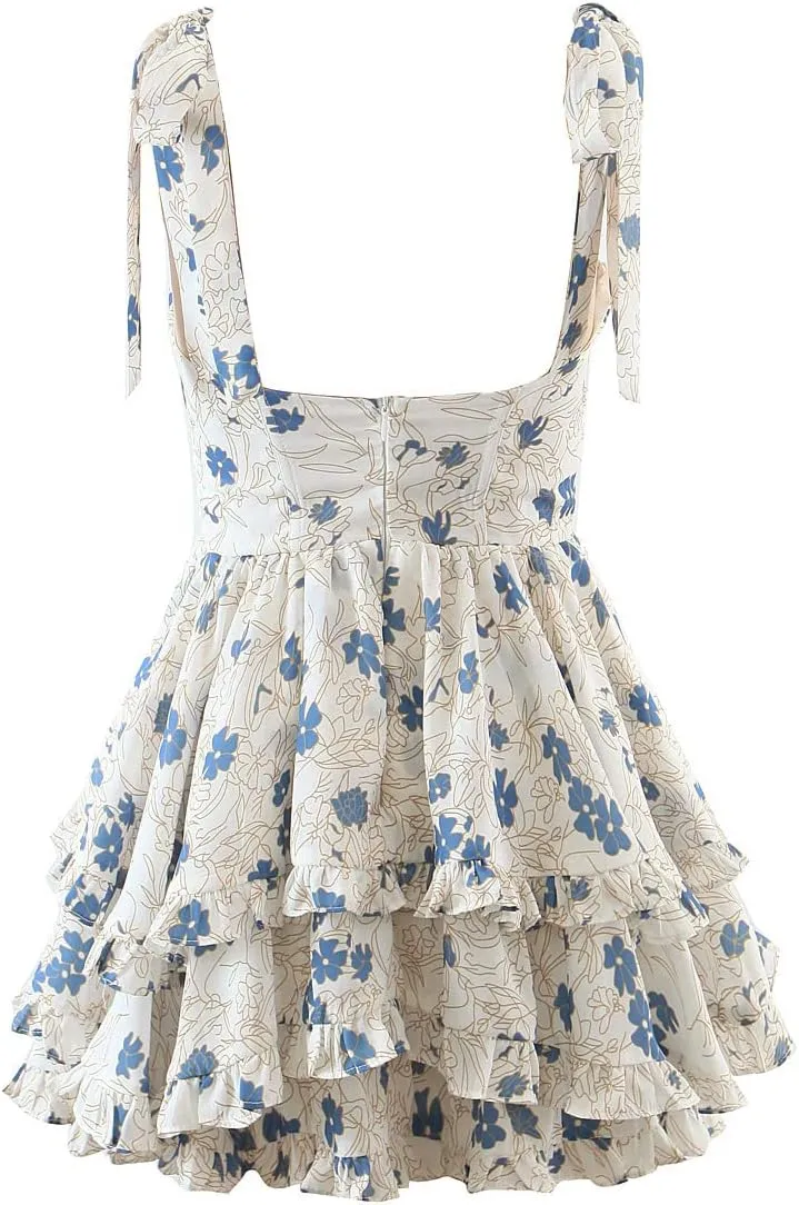 Summer V Neck Floral A Line Sleeveless Dress Tie Shoulder Ruffle Mini Vacation Backless Dresses for Women