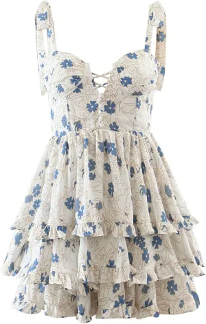 Summer V Neck Floral A Line Sleeveless Dress Tie Shoulder Ruffle Mini Vacation Backless Dresses for Women