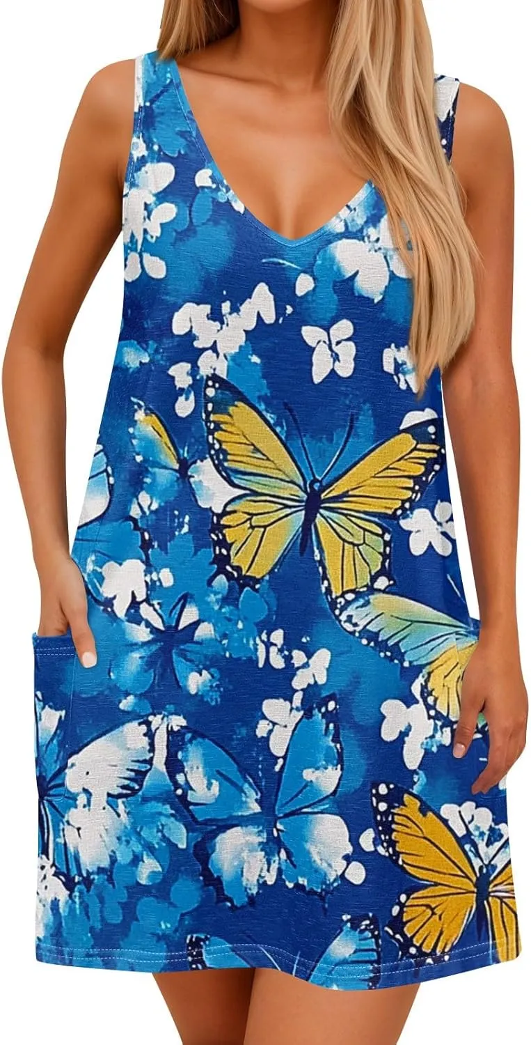 Sun Dresses Women Summer Casual V Neck Sundresses Boho Tank Dress Beach Vacation Clothes with Pockets