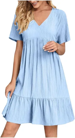 Sundresses for Women 2025 Casual Loose Fit Prom Bohemian Short Dress Plus Size Solid Color Swing V Neck Tiered Flowy Dress