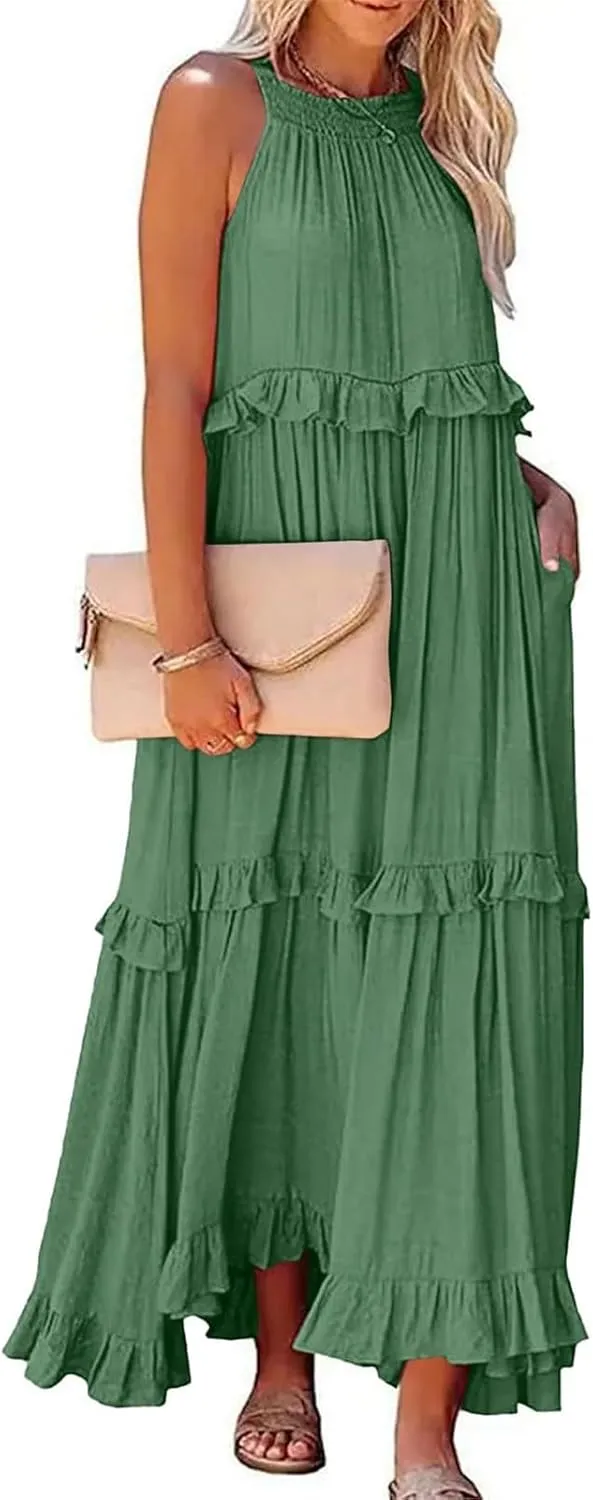 Sundresses for Women 2025 Sleeveless Summer Boho Beach Maxi Dress Tiered Pleated Flowy Swing Halter Church Long Dress