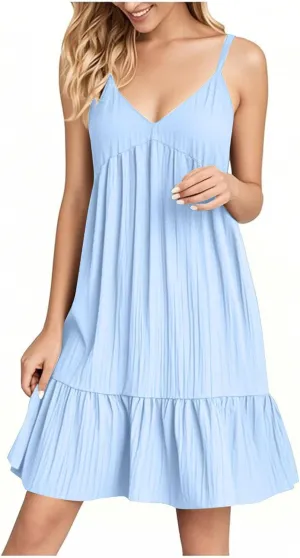 Sundresses for Women 2025 Vacation Outfits V Neck Spaghetti Strap Mini Dress Pleated Ruffle Flowy Summer Dresses
