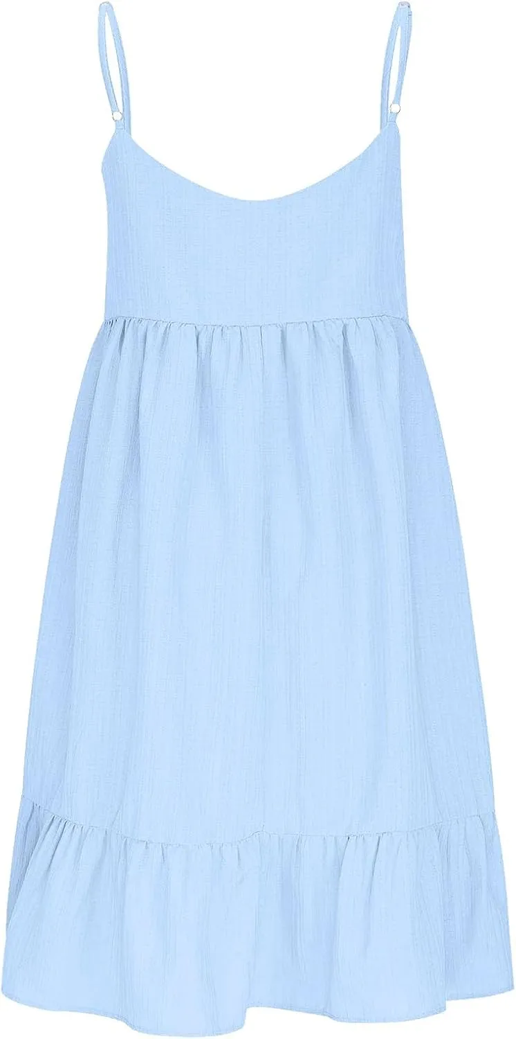 Sundresses for Women 2025 Vacation Outfits V Neck Spaghetti Strap Mini Dress Pleated Ruffle Flowy Summer Dresses