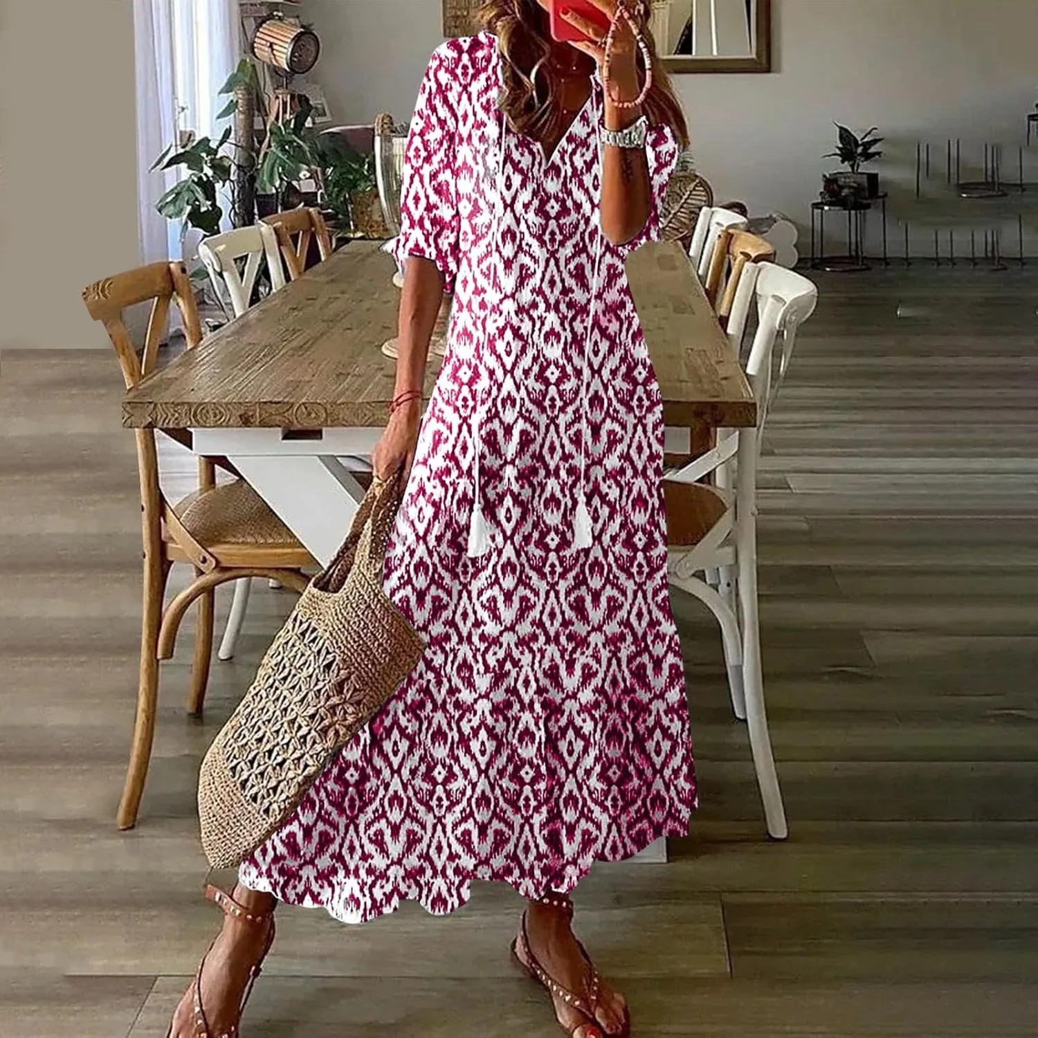 TANGNADE Women Boho Summer Maxi Dress Short Sleeve Tassel V Neck Ruffle Floral Printed Flowy A-Line Beach Travel Dresses