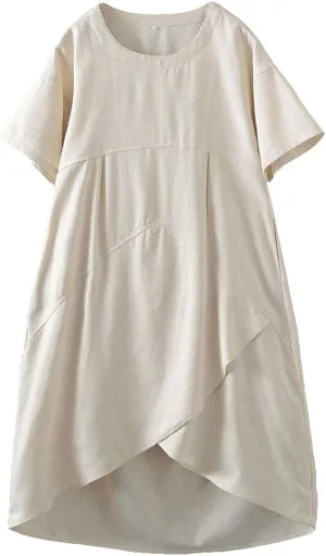 Tebreux Women's Linen Midi Dress Oversized Short Sleeve Sundress Baggy Tunic Dresses with Pockets