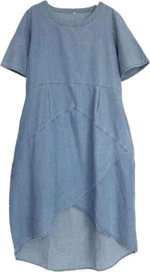 Tebreux Women's Linen Midi Dress Oversized Short Sleeve Sundress Baggy Tunic Dresses with Pockets