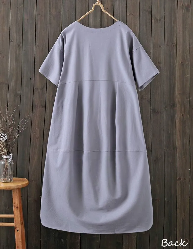 Tebreux Women's Linen Midi Dress Oversized Short Sleeve Sundress Baggy Tunic Dresses with Pockets