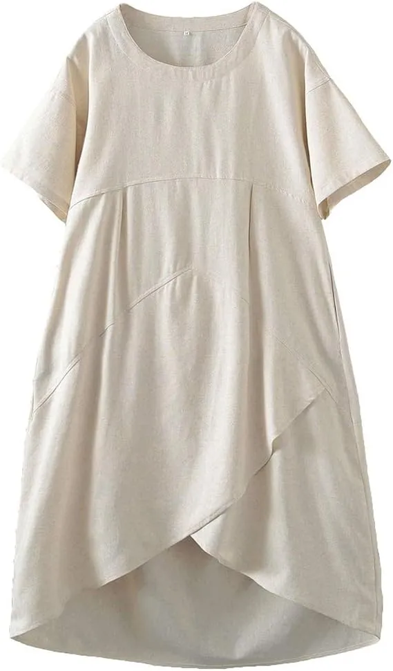 Tebreux Women's Linen Midi Dress Oversized Short Sleeve Sundress Baggy Tunic Dresses with Pockets
