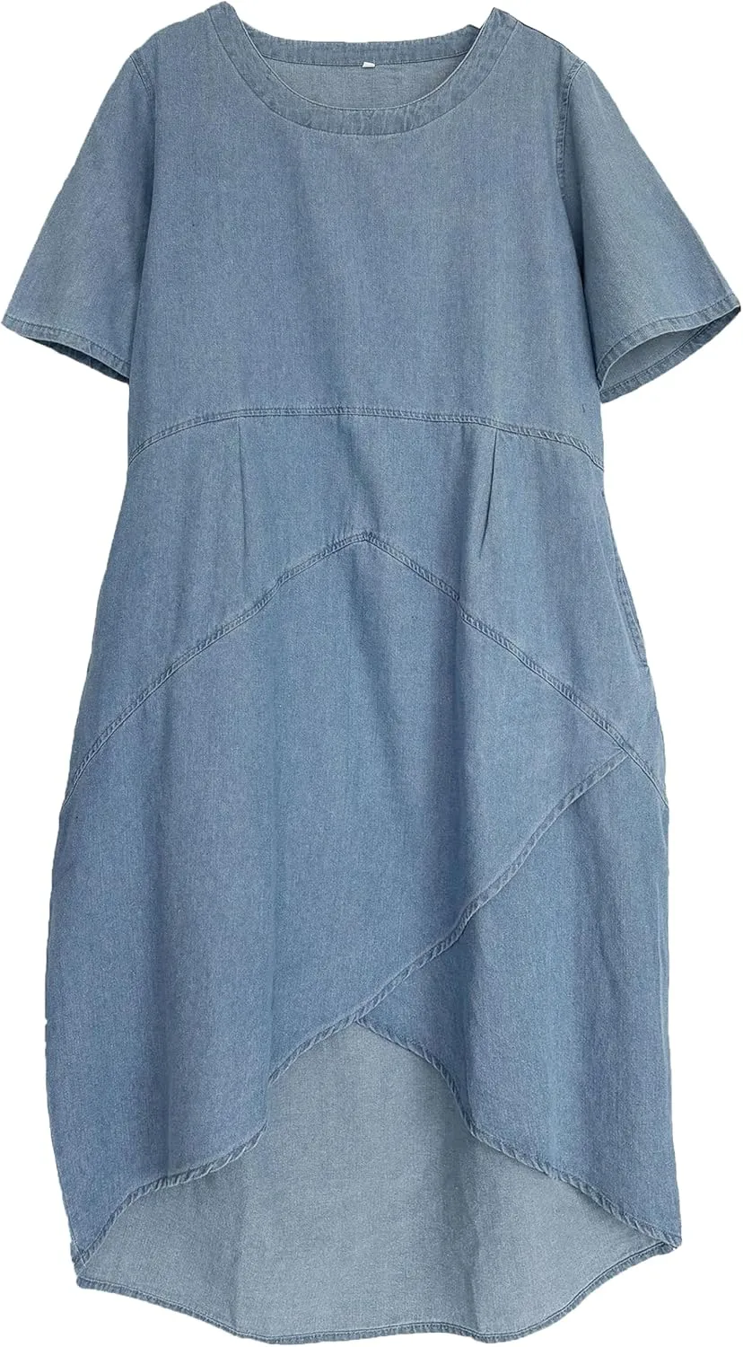 Tebreux Women's Linen Midi Dress Oversized Short Sleeve Sundress Baggy Tunic Dresses with Pockets