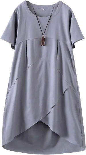 Tebreux Women's Linen Midi Dress Oversized Short Sleeve Sundress Baggy Tunic Dresses with Pockets
