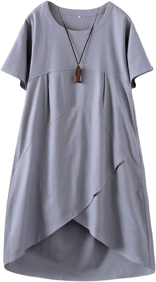 Tebreux Women's Linen Midi Dress Oversized Short Sleeve Sundress Baggy Tunic Dresses with Pockets