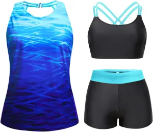 Tempt Me 3 Piece Swimsuit for Women Tankini Bathing Suit Modest High Neck Tank Tops Swimwear with Shorts