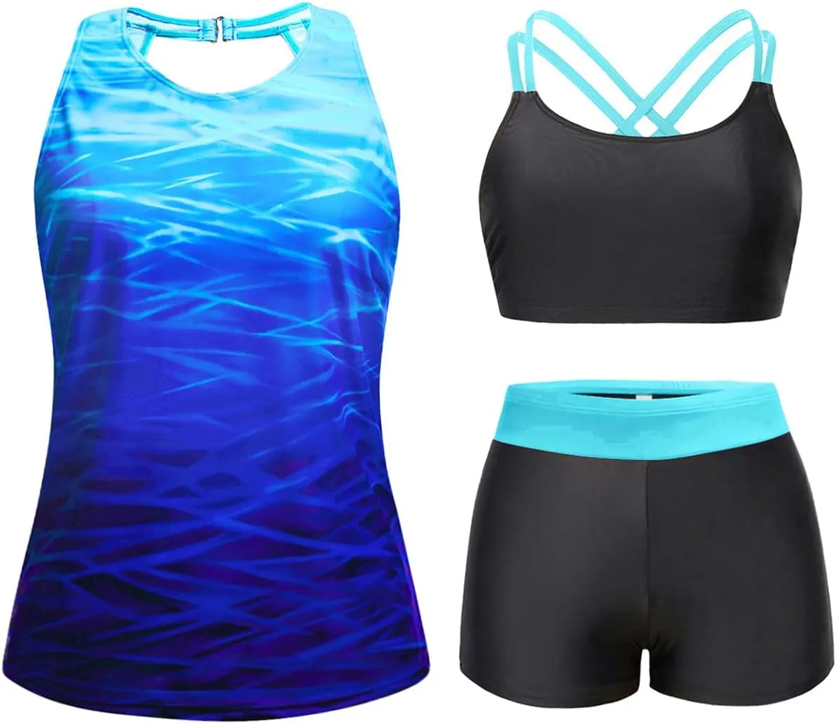 Tempt Me 3 Piece Swimsuit for Women Tankini Bathing Suit Modest High Neck Tank Tops Swimwear with Shorts