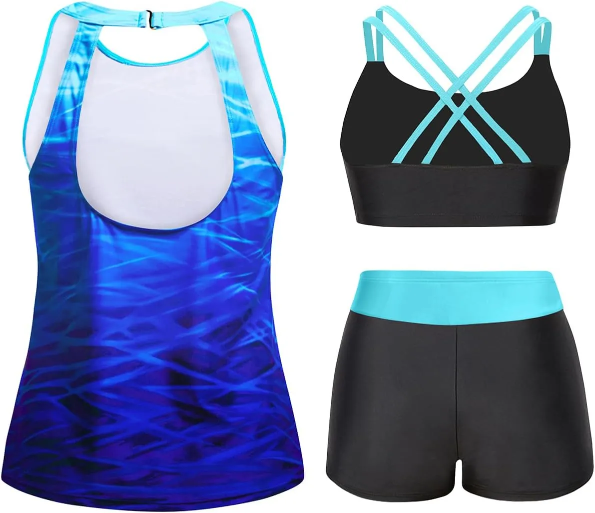 Tempt Me 3 Piece Swimsuit for Women Tankini Bathing Suit Modest High Neck Tank Tops Swimwear with Shorts