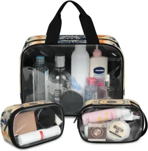 Translucent Cosmetic Bag for Women,Waterproof Portable Toiletry Pouch,3 PCS Makeup Bag,Abstract Flower Pattern Travel Toiletry Organizer,Large Cosmetic Pouch,Aesthetic Makeup Organizer
