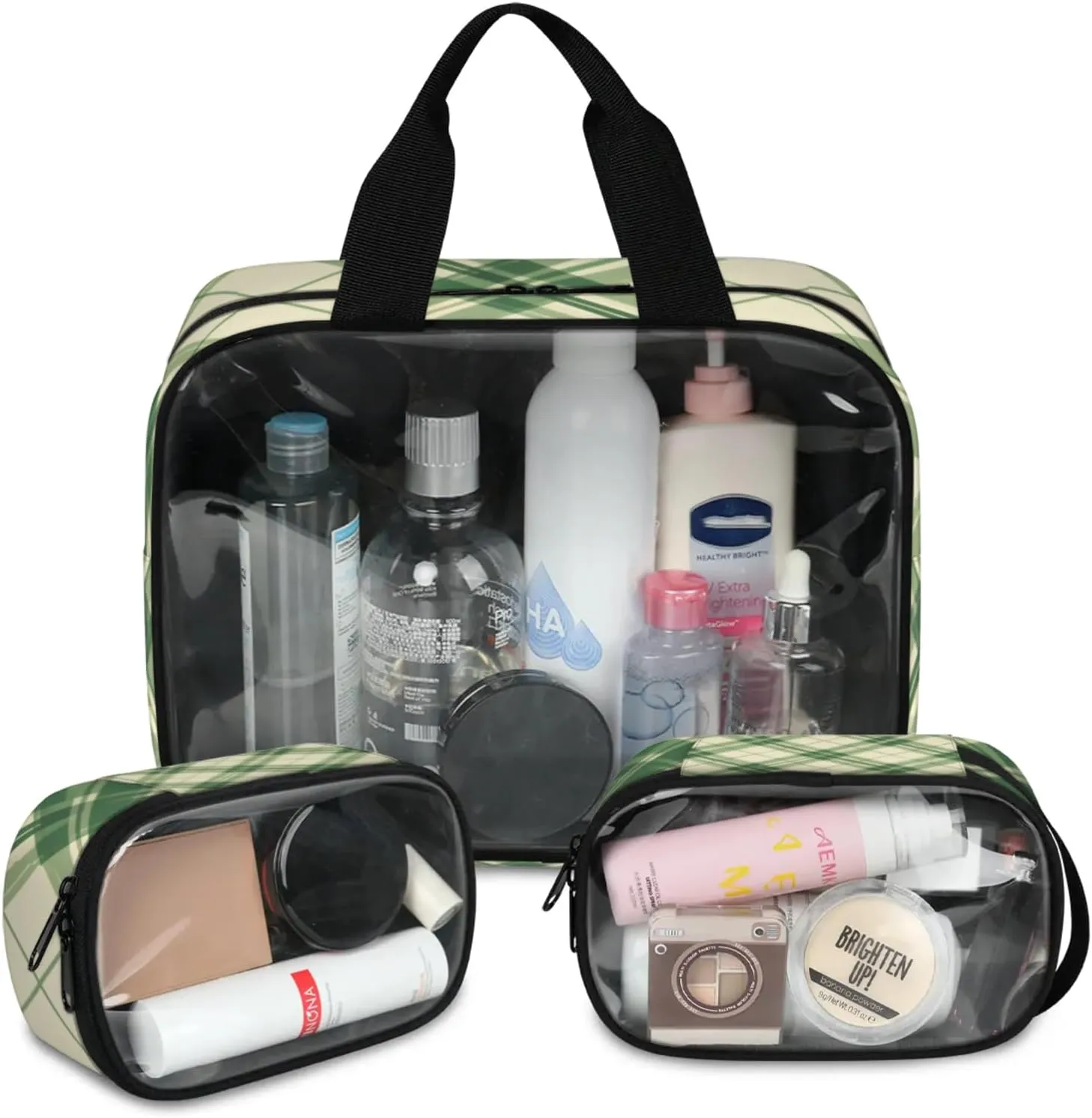 Translucent Cosmetic Bag for Women,Waterproof Portable Toiletry Pouch,3 PCS Makeup Bag,Green Shape Texture Travel Toiletry Organizer,Large Cosmetic Pouch,Aesthetic Makeup Organizer