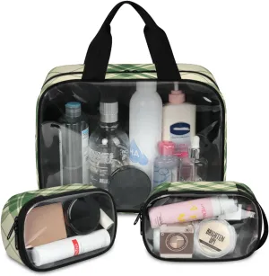 Translucent Cosmetic Bag for Women,Waterproof Portable Toiletry Pouch,3 PCS Makeup Bag,Green Shape Texture Travel Toiletry Organizer,Large Cosmetic Pouch,Aesthetic Makeup Organizer