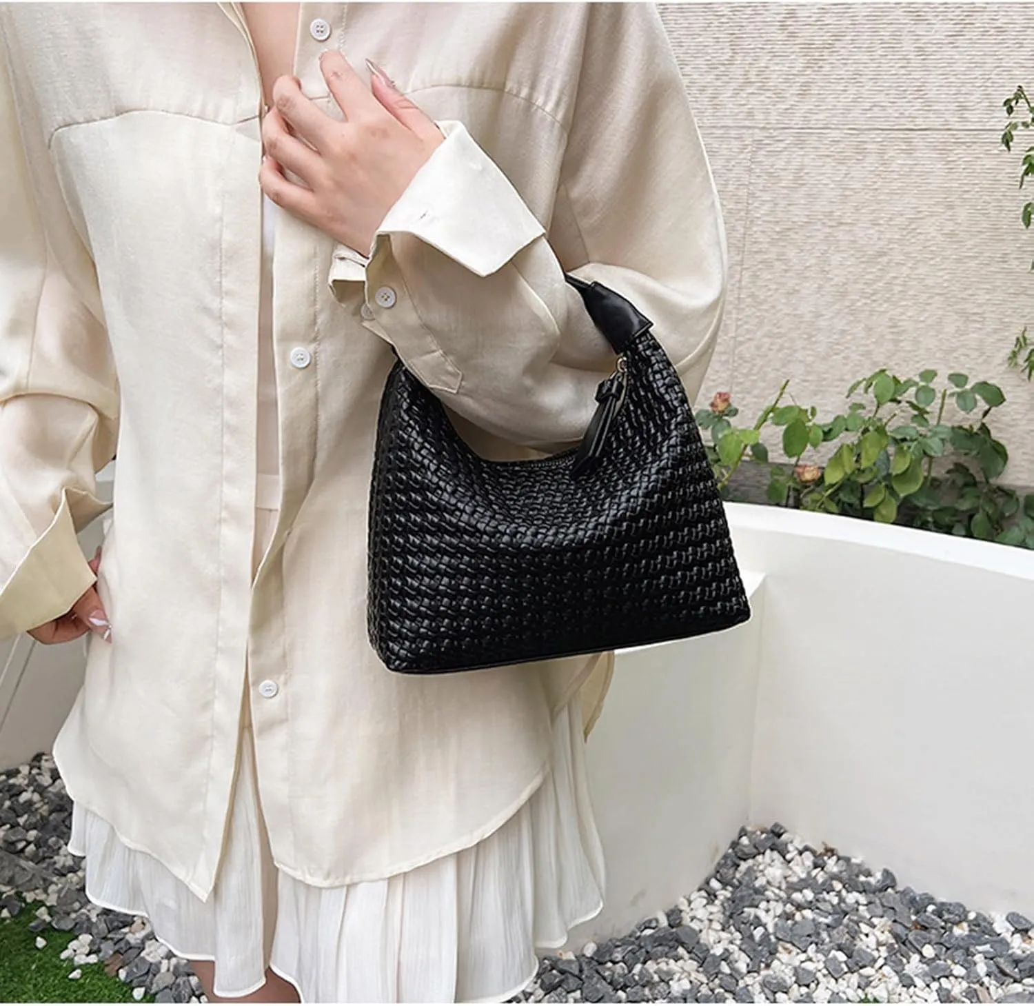Trendy Shoulder Purses for Women PU Leather Woven Bag Hobo Tote Handbags Cute Crossbody Bags with Zipper Closure