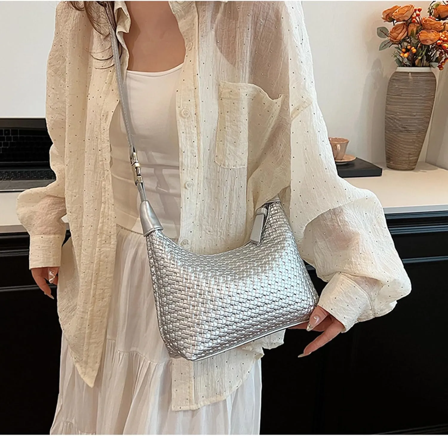 Trendy Shoulder Purses for Women PU Leather Woven Bag Hobo Tote Handbags Cute Crossbody Bags with Zipper Closure
