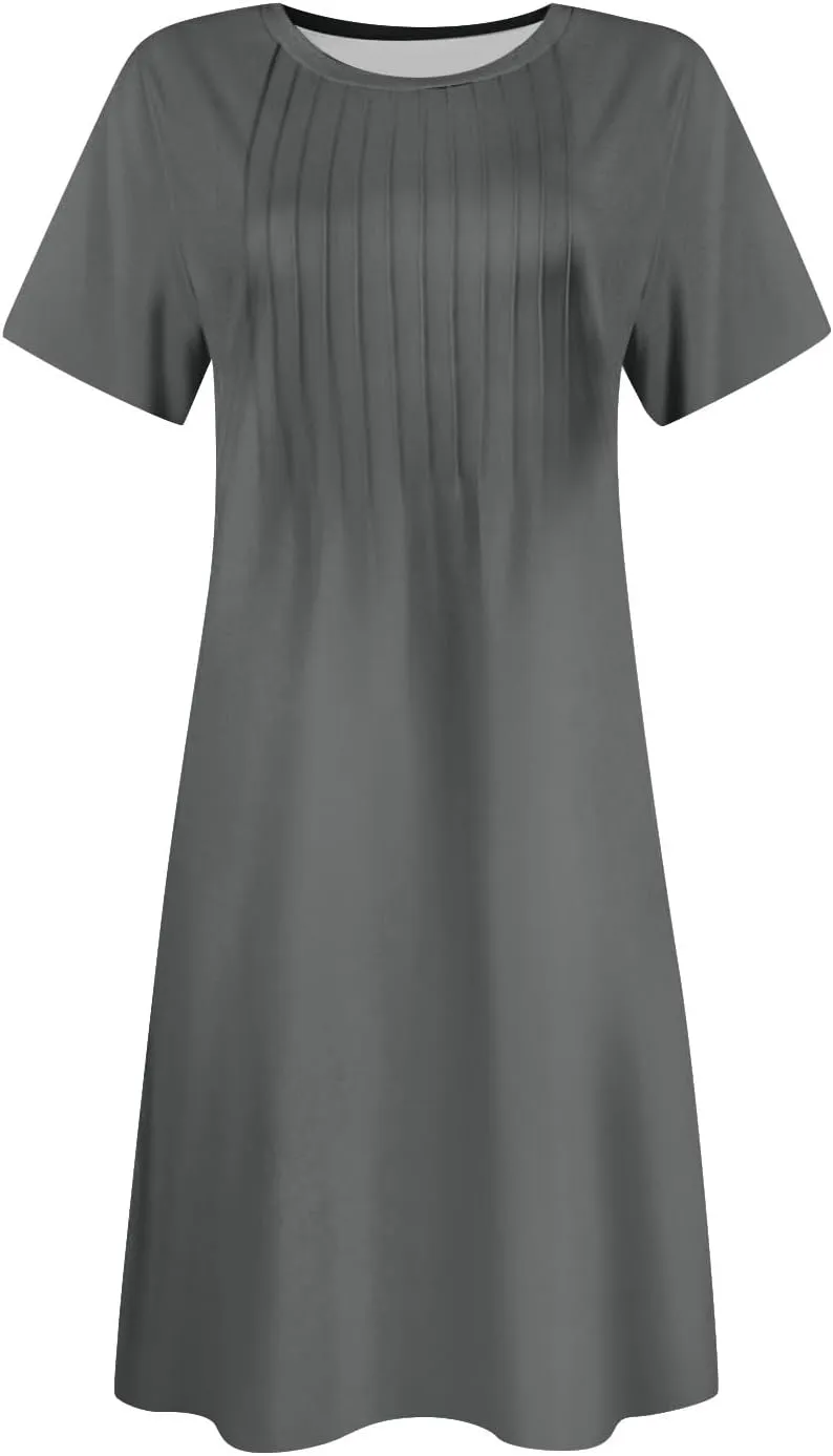 Tshirt Dress Women Short Sleeve Round Neck Flowy Mini Dress Summer Pleated A Line Boho Beach Dresses with Pockets