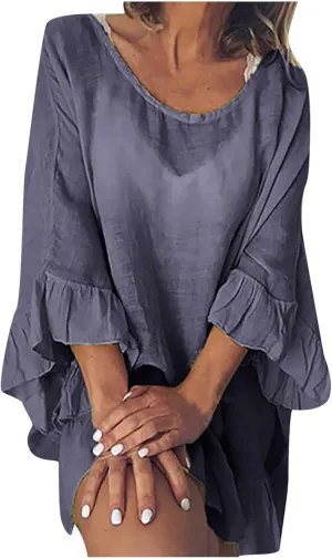 Tunic Dresses for Women 2024 Flowy Plus Size 3/4 Ruffle Sleeve Dress Oversized Lightweight Outdoor Bodycon Mini Dress