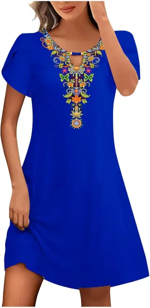 Tunic Dresses for Women Vintage Boho Casual Dresses Short Sleeve Floral Print Midi Keyhole Neck Bohemian Sundress