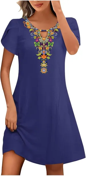 Tunic Dresses for Women Vintage Boho Casual Dresses Short Sleeve Floral Print Midi Keyhole Neck Bohemian Sundress