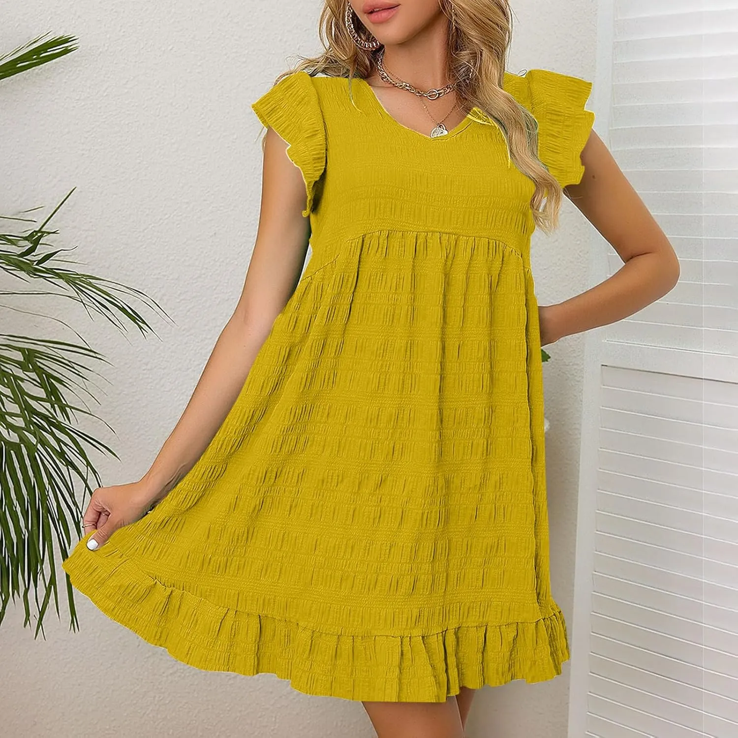 Tunic Dresses for Women Wedding Guest Cute Ruffle Sleeve Mini Babydoll Tank Dress Casual Beach Vacation Summer Dresses