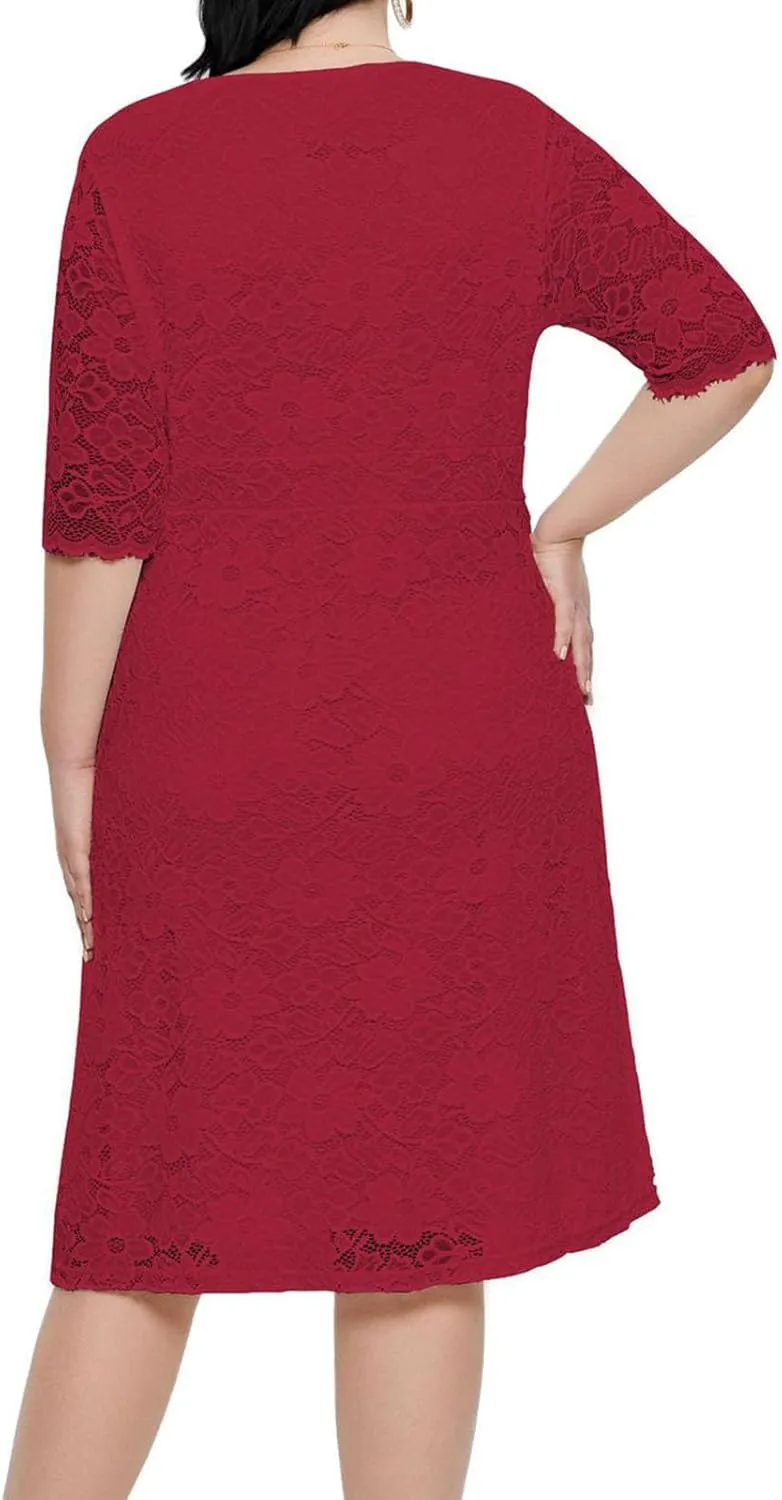 TUNUSKAT Womens Plus Size Midi Lace Cocktail Dresses Elegant Half Sleeve Wedding Guest Dresses Slim Formal Party Evening Gown