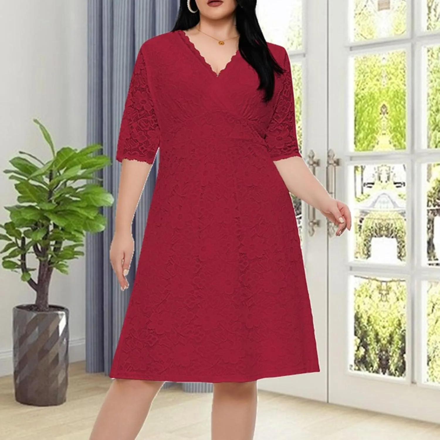 TUNUSKAT Womens Plus Size Midi Lace Cocktail Dresses Elegant Half Sleeve Wedding Guest Dresses Slim Formal Party Evening Gown