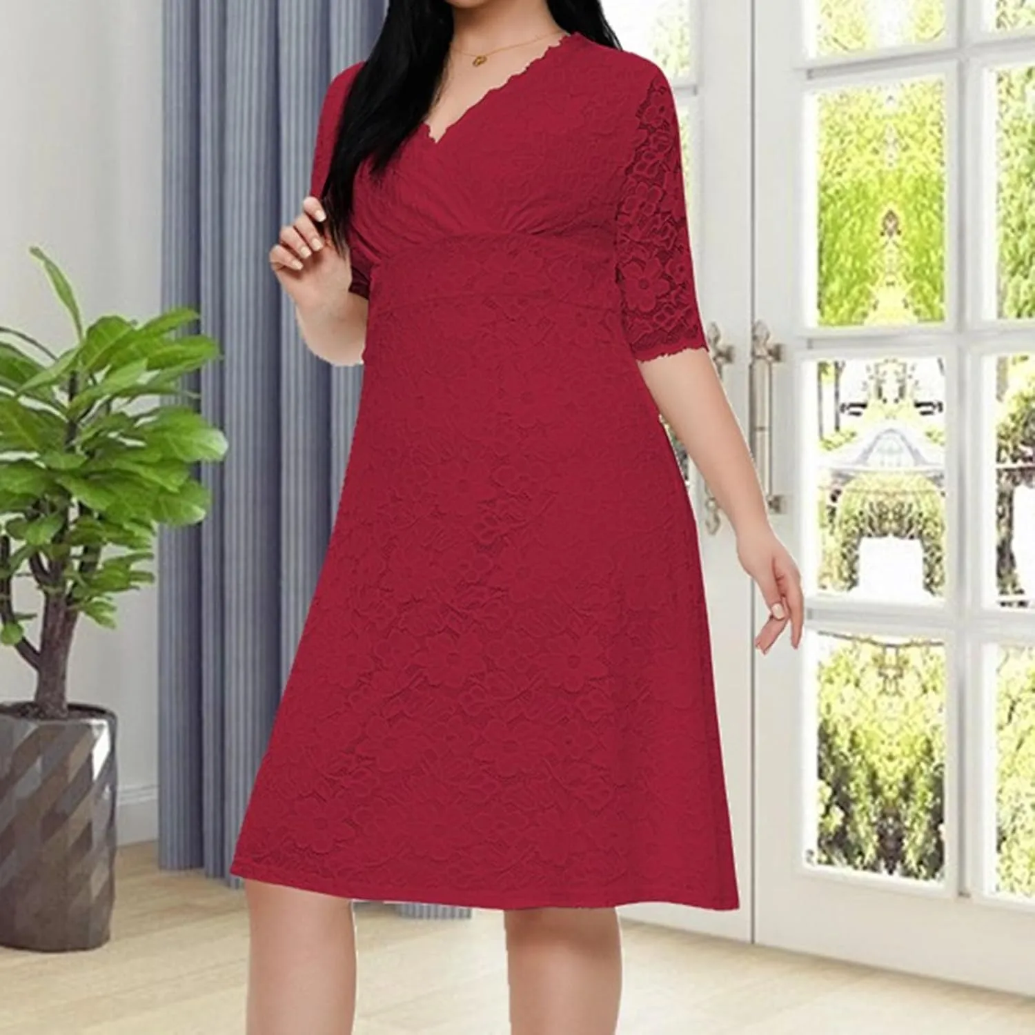 TUNUSKAT Womens Plus Size Midi Lace Cocktail Dresses Elegant Half Sleeve Wedding Guest Dresses Slim Formal Party Evening Gown