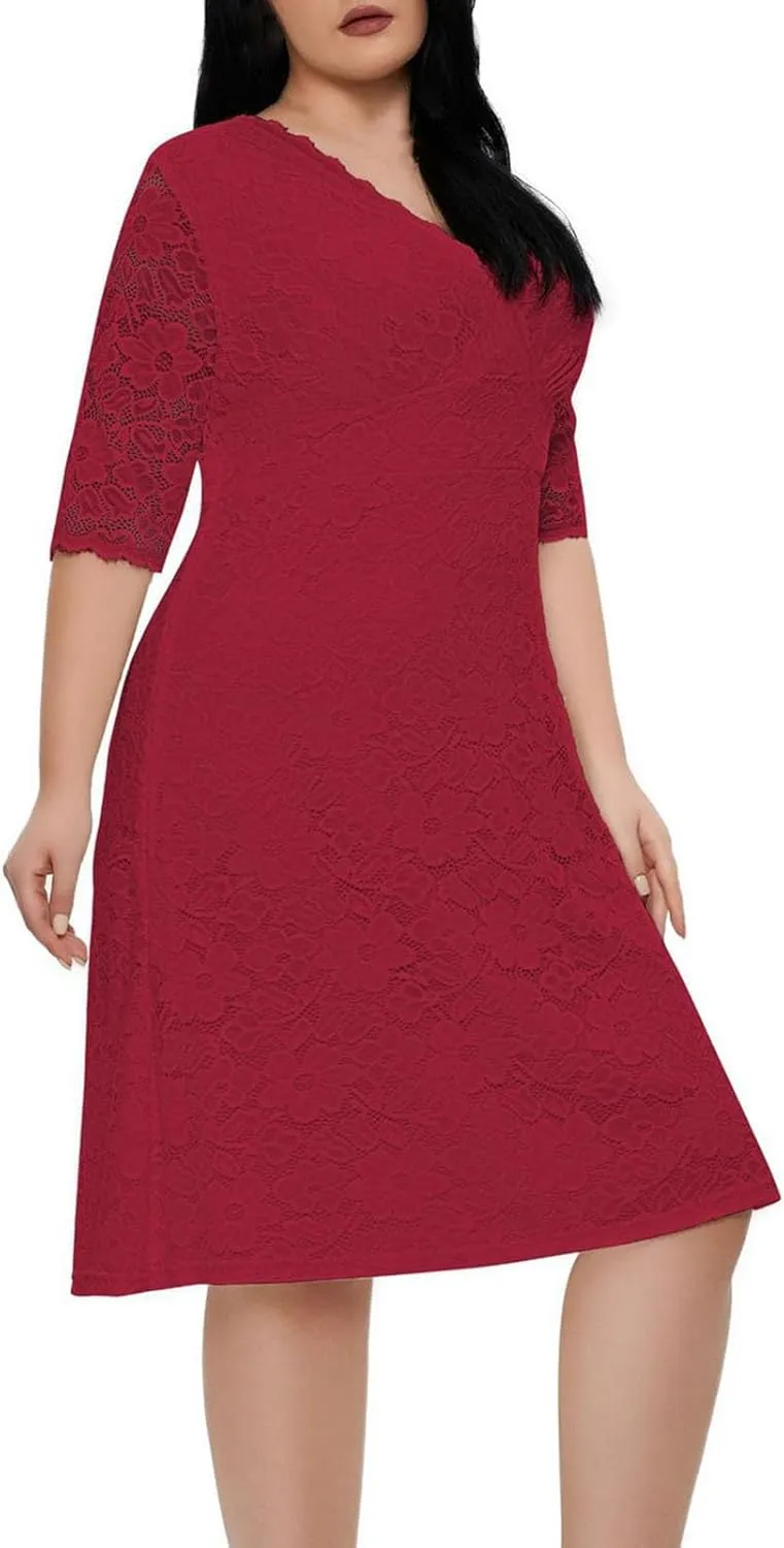 TUNUSKAT Womens Plus Size Midi Lace Cocktail Dresses Elegant Half Sleeve Wedding Guest Dresses Slim Formal Party Evening Gown
