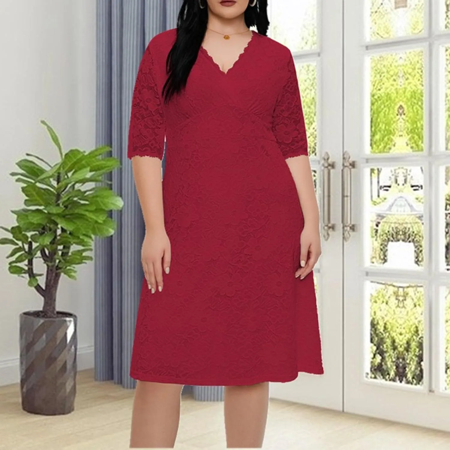 TUNUSKAT Womens Plus Size Midi Lace Cocktail Dresses Elegant Half Sleeve Wedding Guest Dresses Slim Formal Party Evening Gown