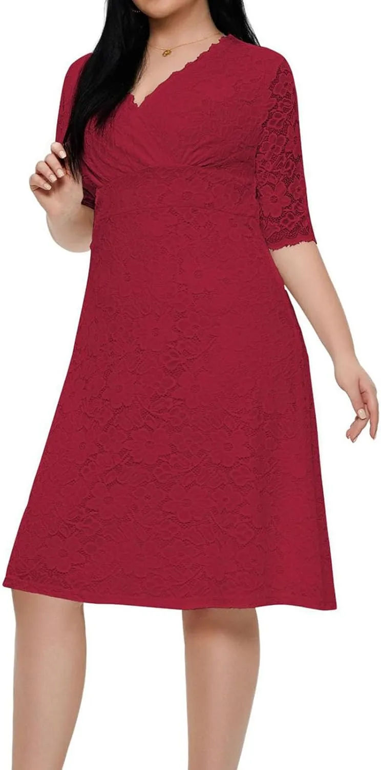 TUNUSKAT Womens Plus Size Midi Lace Cocktail Dresses Elegant Half Sleeve Wedding Guest Dresses Slim Formal Party Evening Gown