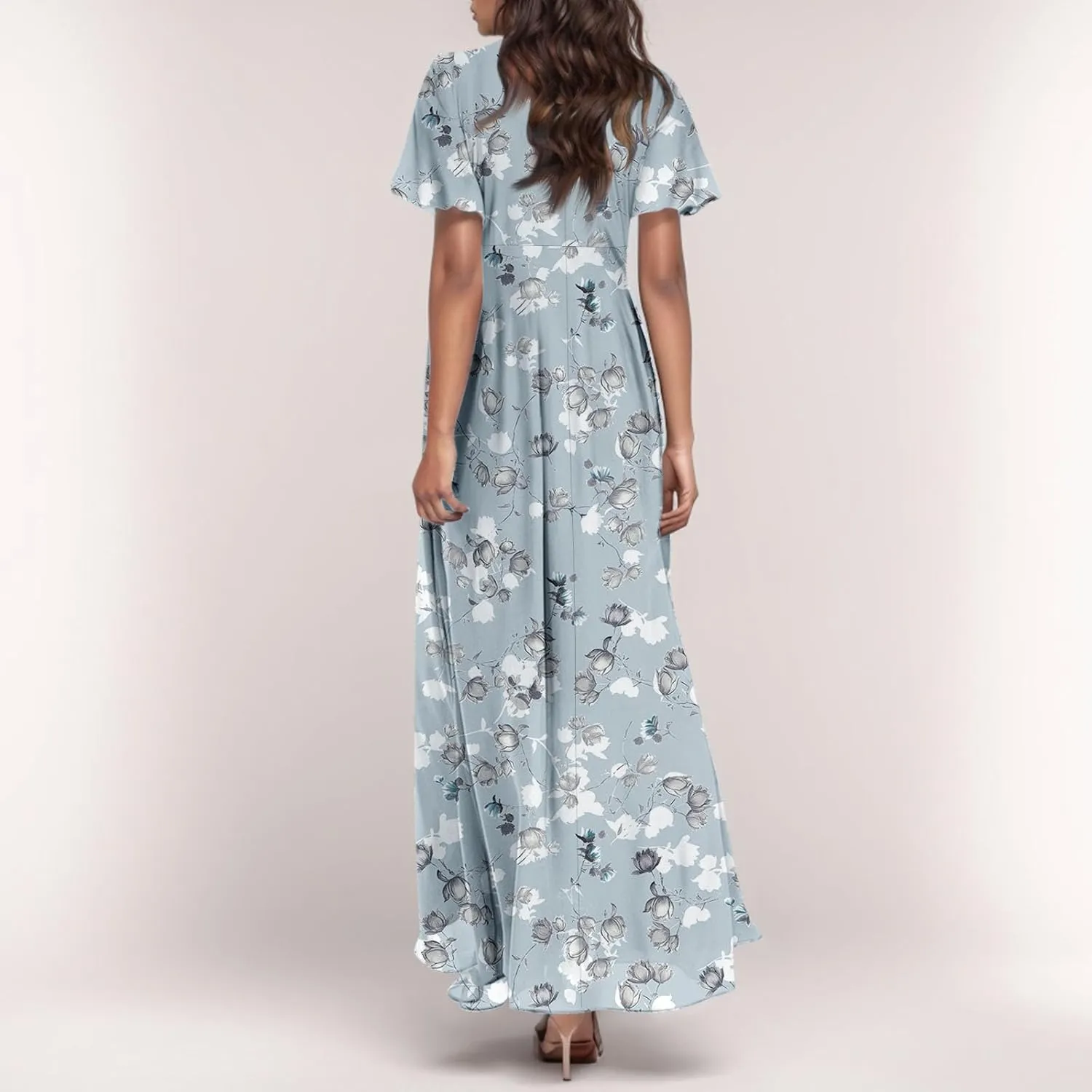 TWGONE Maxi Dresses for Women 2025 Summer Casual Trendy Floral Boho Dress V Neck Short Sleeve Chiffon Flowy Beach Dresses