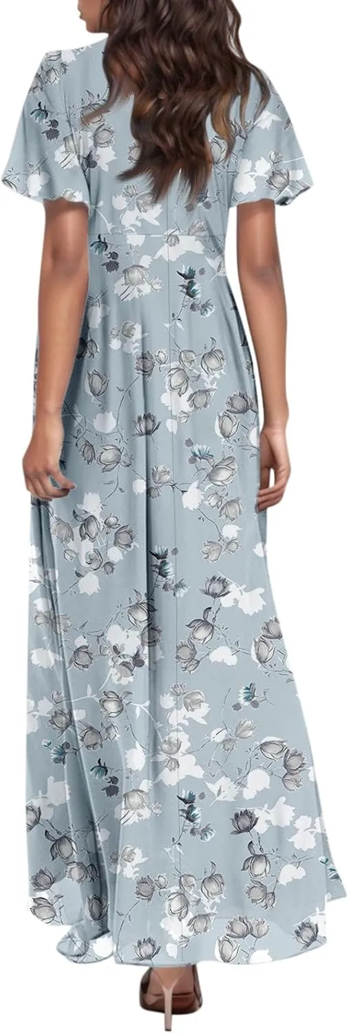 TWGONE Maxi Dresses for Women 2025 Summer Casual Trendy Floral Boho Dress V Neck Short Sleeve Chiffon Flowy Beach Dresses