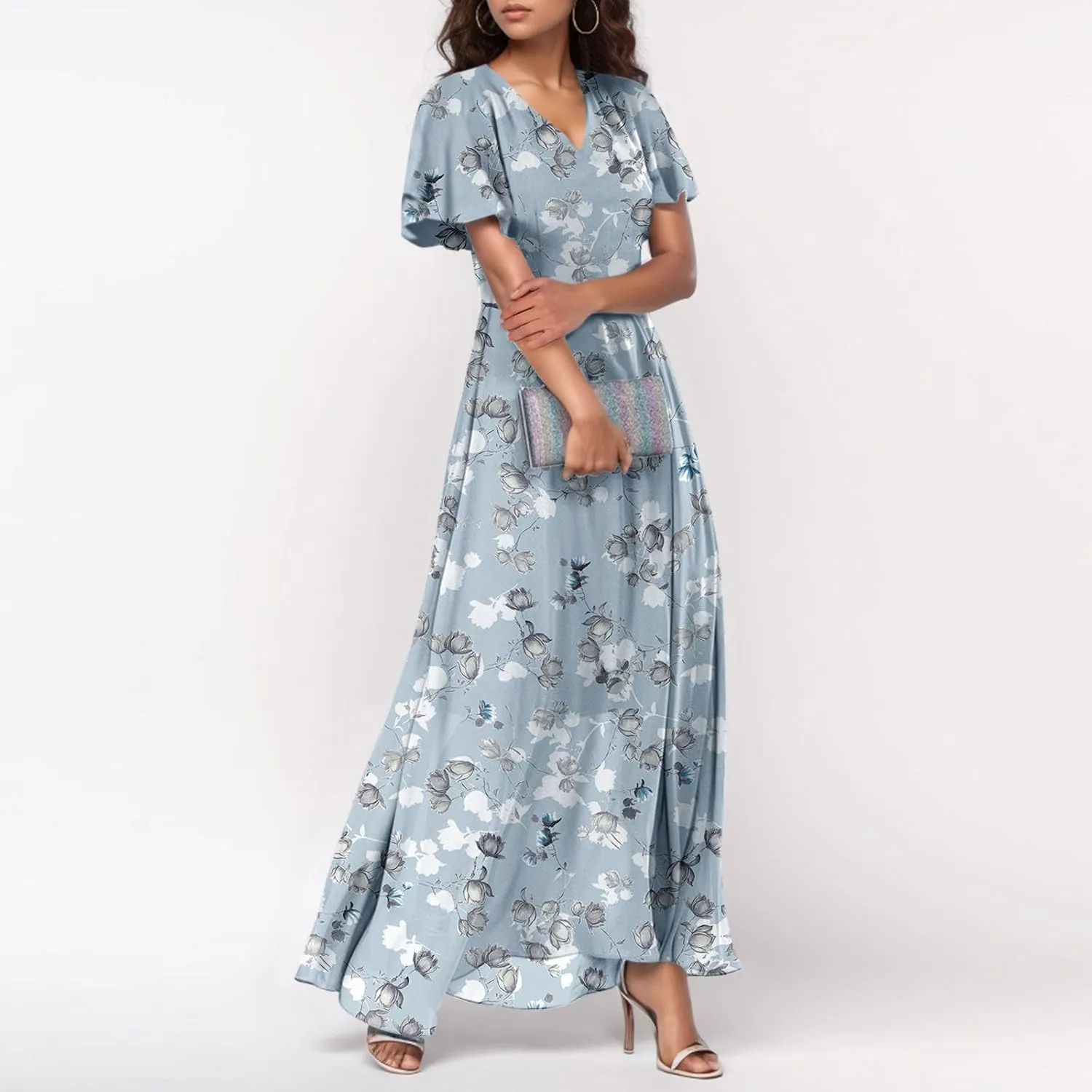 TWGONE Maxi Dresses for Women 2025 Summer Casual Trendy Floral Boho Dress V Neck Short Sleeve Chiffon Flowy Beach Dresses