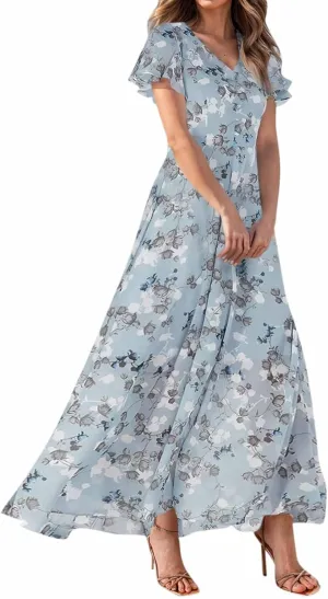 TWGONE Maxi Dresses for Women 2025 Summer Casual Trendy Floral Boho Dress V Neck Short Sleeve Chiffon Flowy Beach Dresses