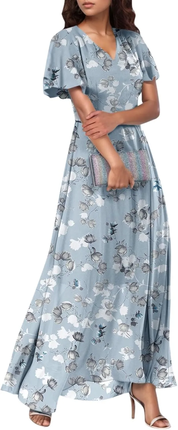 TWGONE Maxi Dresses for Women 2025 Summer Casual Trendy Floral Boho Dress V Neck Short Sleeve Chiffon Flowy Beach Dresses