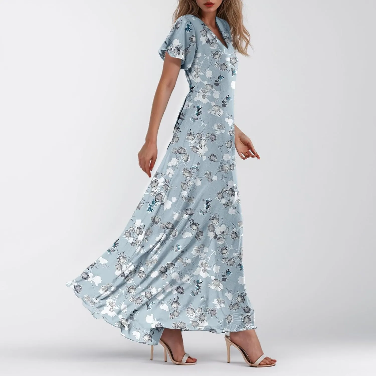 TWGONE Maxi Dresses for Women 2025 Summer Casual Trendy Floral Boho Dress V Neck Short Sleeve Chiffon Flowy Beach Dresses