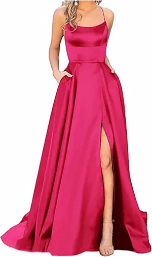 TWGONE Prom Dresses for Women 2025 Spaghetti Straps Formal Party Maxi Dress Satin Evening Gowns with Pockets