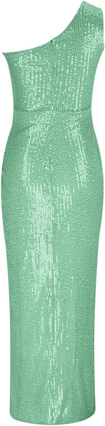 Uillui Women's Elegant Ruched Sequin Gowns Sexy One Shoulder Split Bodycon Maxi Formal Dress Glitter Sparkle Evening Dresses