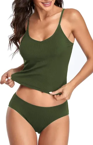 Upopby Women's Athletic Tankini Swimsuits for Women Ribbed Two Piece Bathing Suits Sports Crop Top Swimsuits with Shorts